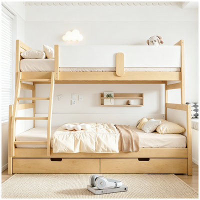 Lit superposé simple au-dessus de double avec tiroirs de rangement, lit superposé en bois massif avec lattes de soutien et conception convertible, blanc et naturel