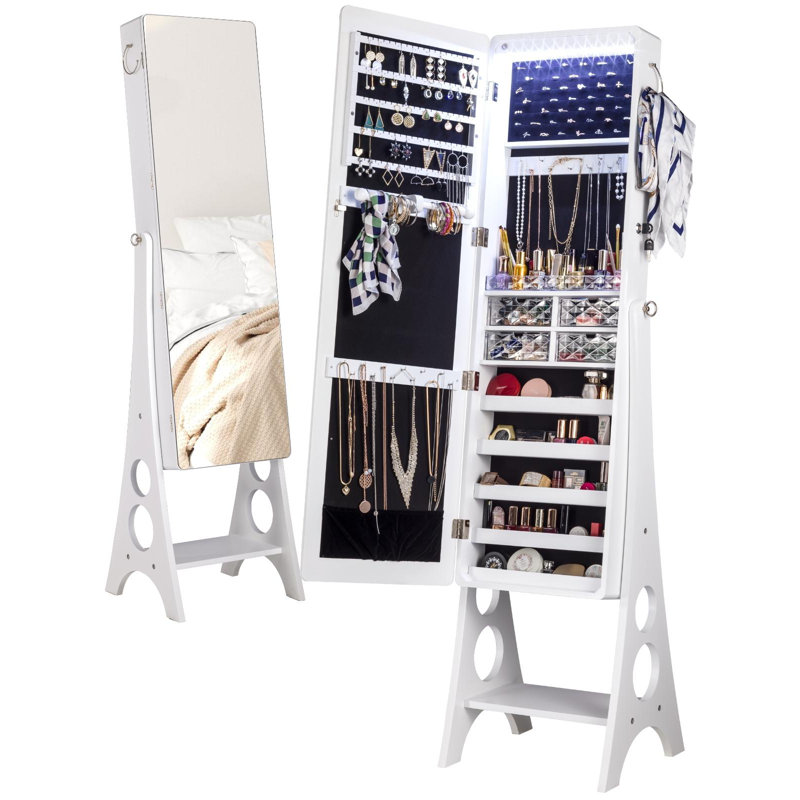 Armoire à bijoux à DEL avec grand rangement verrouillable et miroir autoportant sans cadre, Blanc