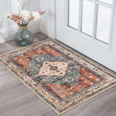 Petit tapis 2 x 3 pi pour tapis d'entrée lavable Boho Tapis d'entrée antidérapant rouille / orange / bleu