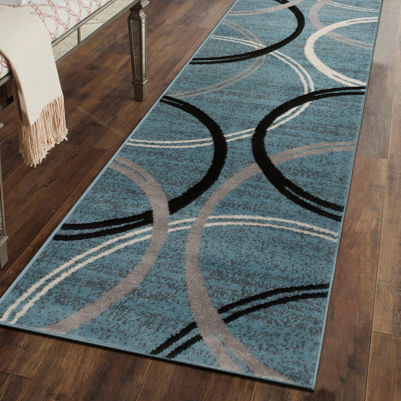 Tapis à motif géométrique Arnaldur, Bleu, Tapis de couloir 2 pi x 10 pi