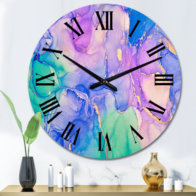 Horloge murale moderne bleue et mauve à l'encre de marbre