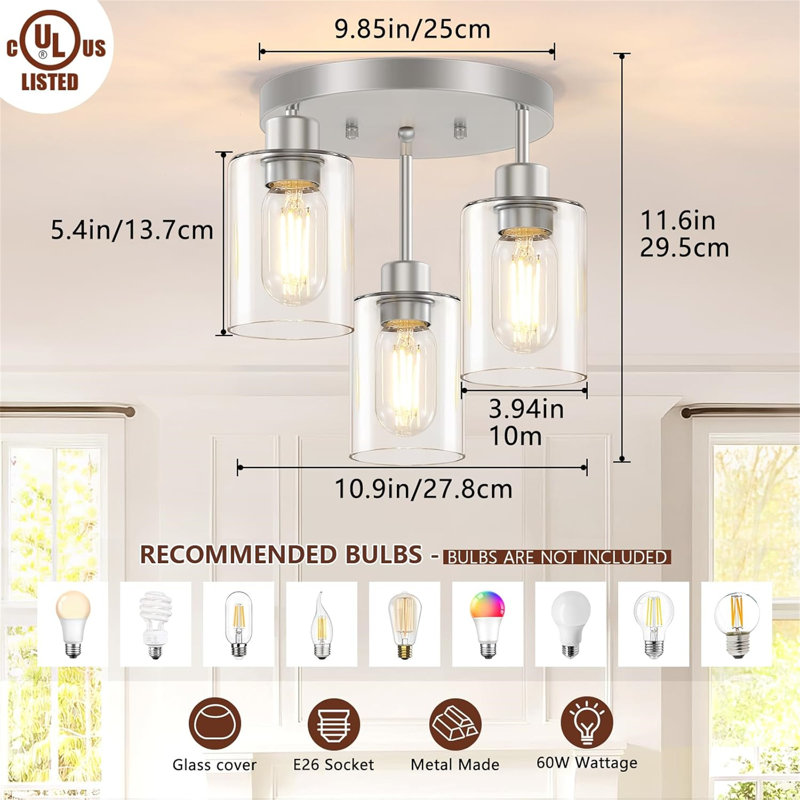 Plafonnier semi-encastré 3 lumières avec abat-jour en verre transparent, Nickel brossé