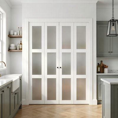 3-Lite Frosted Glass and Solid Manufactured Wood Bi-Fold Doors with Hardware Kit