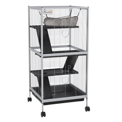 Cage à 4 niveaux en métal avec support à roulettes, hamac et plateau amovible pour furets, chinchillas et planeurs de sucre PawHut - blanc