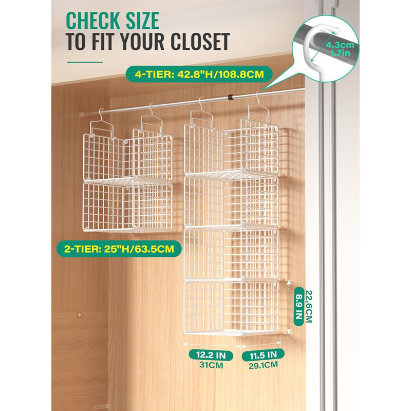 Organisateur de placard en métal à 4 niveaux avec 4 crochets de suspension et 4 crochets en S, blanc