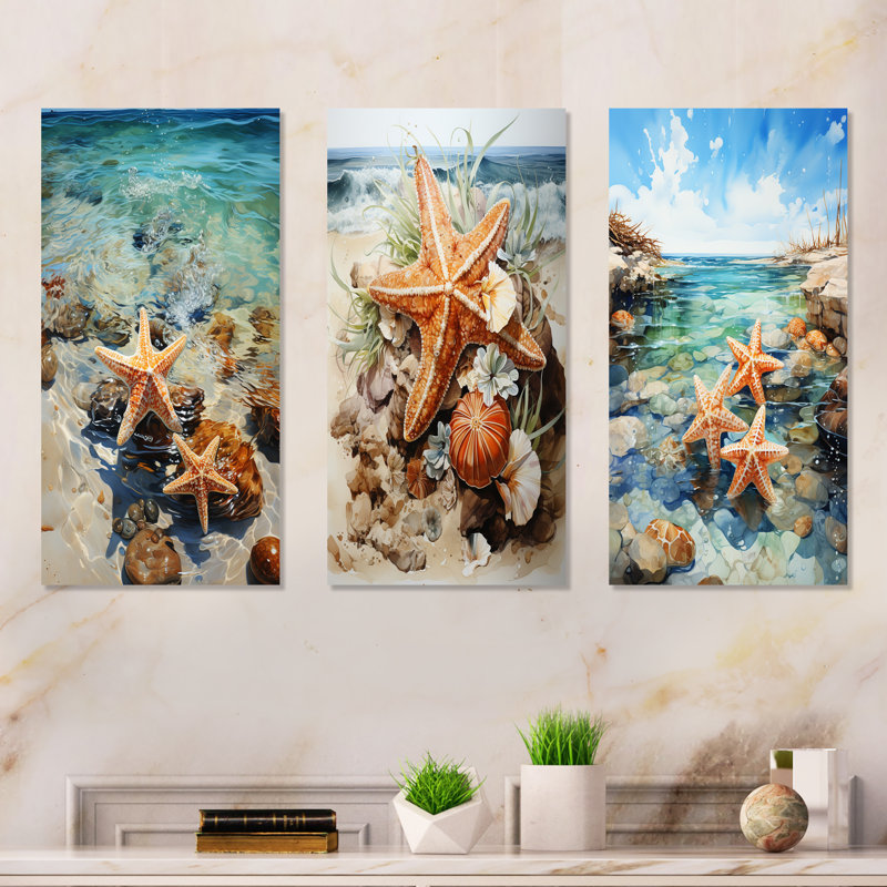 Étoile de mer tropicale plage Serenade I - ensemble de 3 décorations murales tropicales côtières, Toile tendue