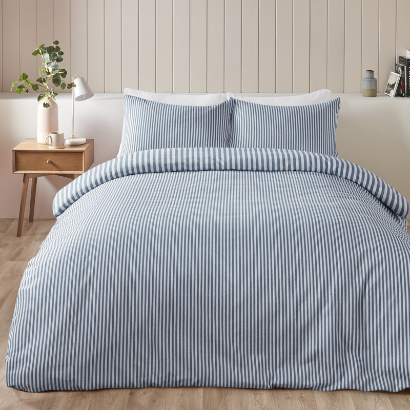 Brushed Stripe Cotton Reversible Duvet Cover Set, Blue, King Duvet Cover + 2 Standard Pillowcases