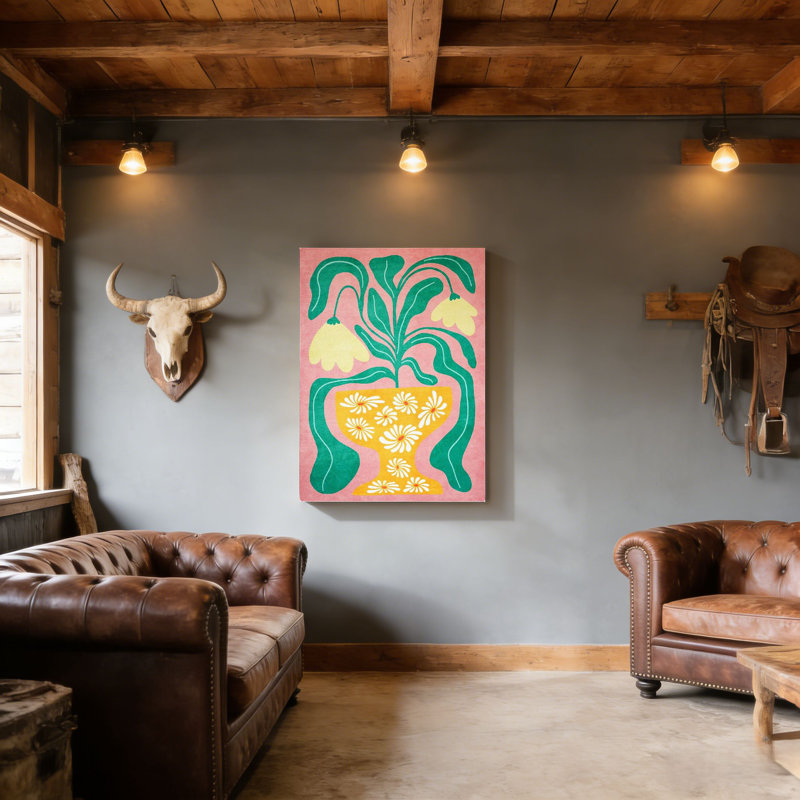 Fleurs rétro en pot, art mural en bois à l'arrière 30 x 20