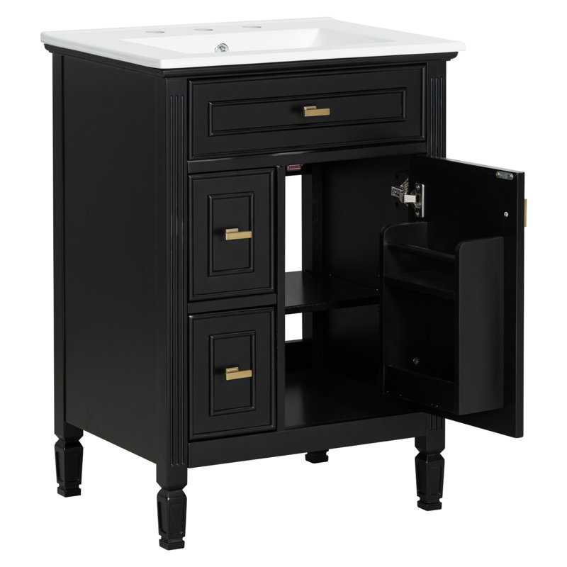 Meuble-lavabo de 24 po avec lavabo, armoire en bois massif, tiroirs rabattables et standards, tablette réglable, Noir