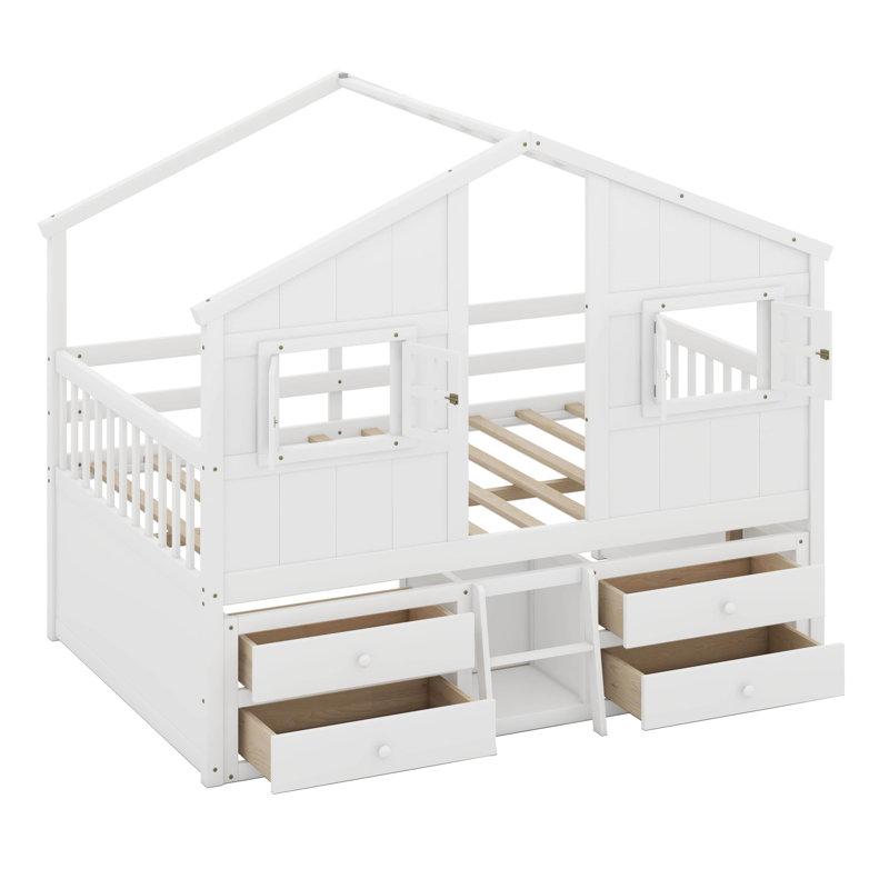 Structure de lit en bois pleine grandeur avec toit, fenêtres et 4 tiroirs de rangement, Blanc