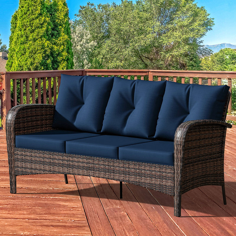 3-person Patio Rattan Sofa With Wide Armrests, Blue