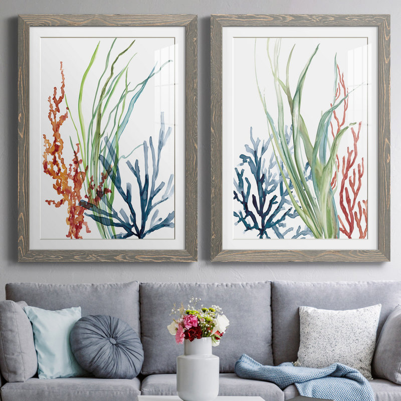 Océan jardin I - ensemble de 2 reproductions d'art, H 37,5 po x l 27,5 po, Impression encadrée avec passe-partout