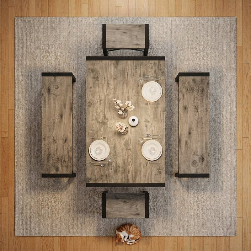 Pendry 6 - Person Dining Set, Dining Table with 2 Long Benches and 2 Short Benches, Gray