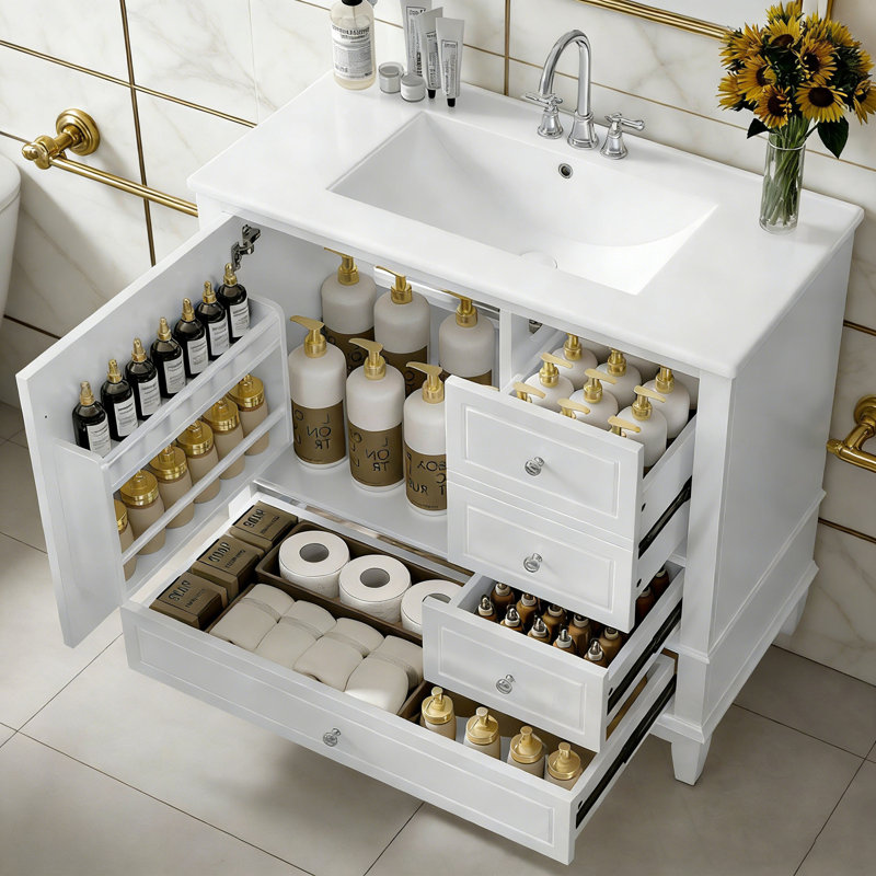 Meuble-lavabo de salle de bain avec lavabo, 3 tiroirs et tablettes de porte, Blanc