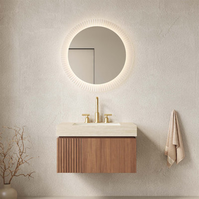 Meuble-lavabo de 30 po avec lavabo, armoire de rangement en contreplaqué flottant, plateau en pierre frittée Roma Travertine et lavabo en céramique avec 3 trous de robinet, pré-assemblé