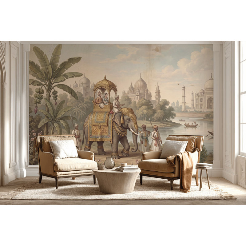 Papier peint indien Éléphant Taj Mahal, 140" x 108", Peler et coller