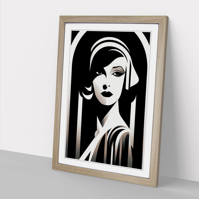 Art Deco Woman Line Art - Framed Print, 34cm H x 25cm W x 2cm D, Oak Framed