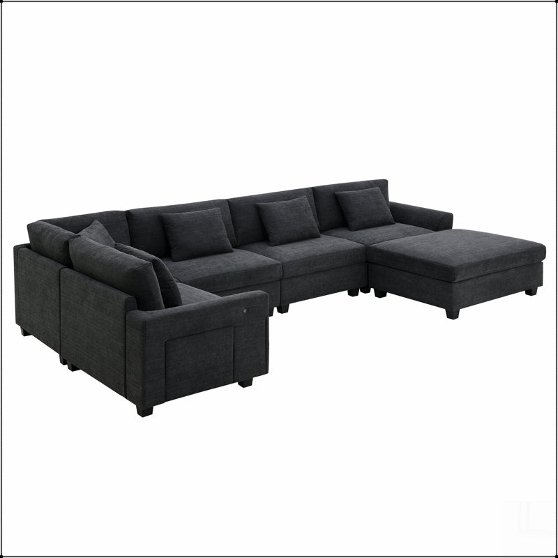 Ensemble de canapé modulaire en U de 128 x 67 po, canapé en chenille 6 places avec repose-pieds surdimensionné, Blanc cassé