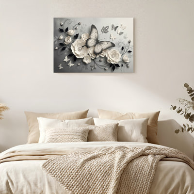 Art mural en toile Gallery Wrap pour le salon, la chambre à coucher, le bureau ou le vestibule - Décoration murale décorative avec fleurs papillons