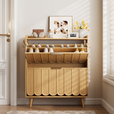 Mid-Century Modern Shoe Cabinet With Removable Shelves & Hooks