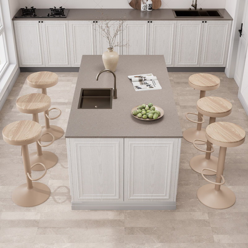 Selina Swivel Solid Wood Adjustable Height Bar Stools, Counter Stools for Kitchen Island, Brown/Khaki, 2