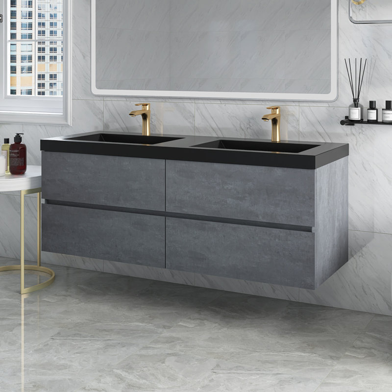 60 po X P 20 po P x 23 po Meuble-lavabo mural double H gris en ciment avec comptoir en quartz noir mat