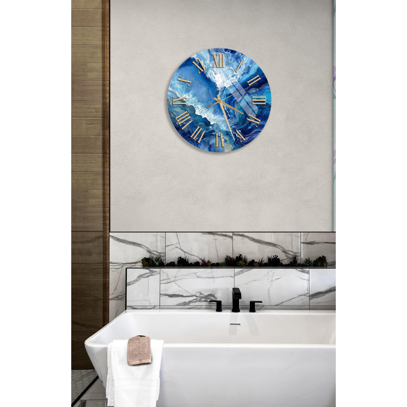 Abstrait horloge murale en verre trempé bleu océan, art côtier, décoration moderne, cadeau unique, grande horloge murale, horloges murales décoratives
