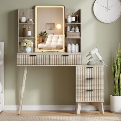 Fluted Vanity Desk with 5 Drawers, Built-in Power Outlet & 26" LED Mirror, 48" Large Fluted Dressing Table with Glass Top and Shelf