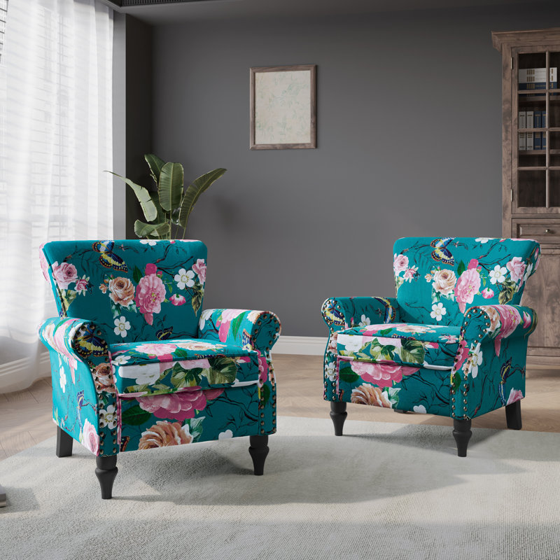 Arian 76 Cm Wide Cotton Armchair, Blue Floral Polyester Blend
