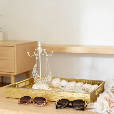 Large Rectangular Serving Tray With Gold Metal Handles, Decorative Ottoman Tray For Coffee Table, Vanity, And Home Decor