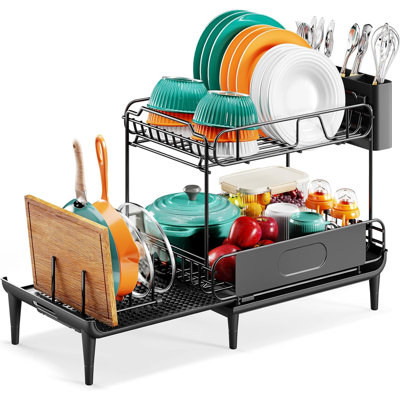 Dish Drying Rack for Kitchen Counter, Expandable 2 Tier Dish Rack, Large Capacity Dish Drainer with Drainboard Multifunctional Dish Strainer with Removable Cutlery Holder Black 2 Tier.