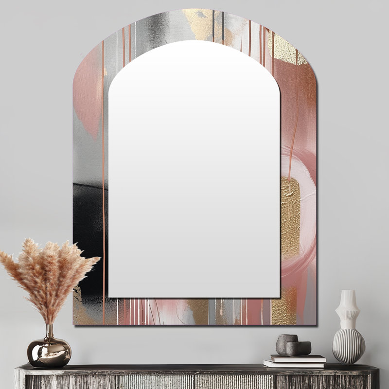 «Pink Gold Circle Complexity», miroir mural arqué de formes transitionnelles, miroir décoratif asymétrique moderne, impression d'art en métal