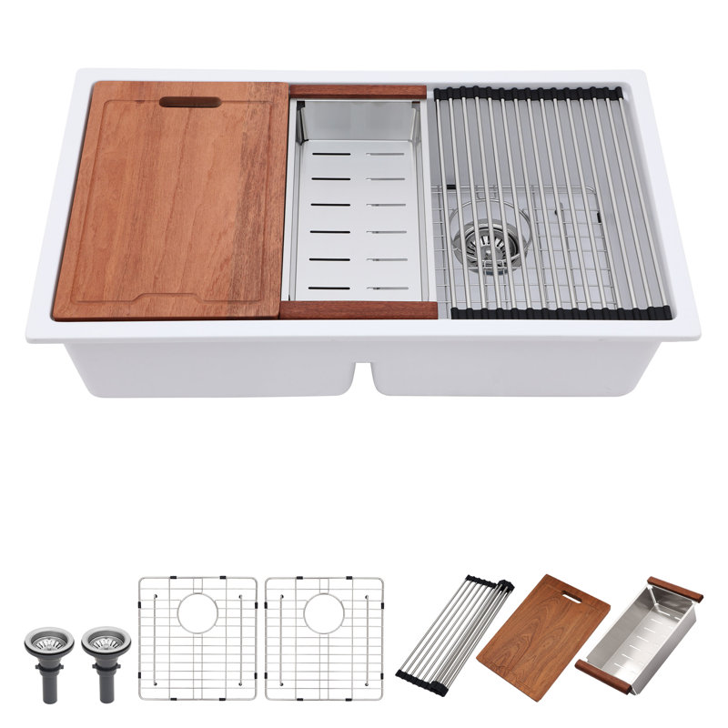 33"L*19"W*9.65"H Quartz Kitchen Sink Undermount Double Bowl Sink Workstation Low-divider Sink with Accessories, White