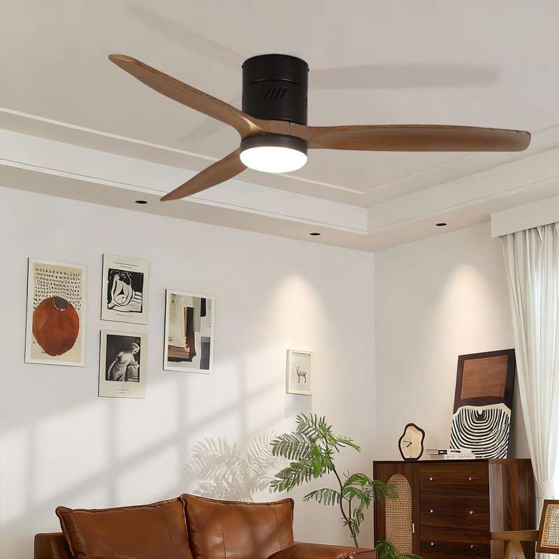 Ryme 52 In. Black Light Oak Flush Mount Standard Ceiling Fan With LED With Remote Included DC Motor Reversible, Gray Wood