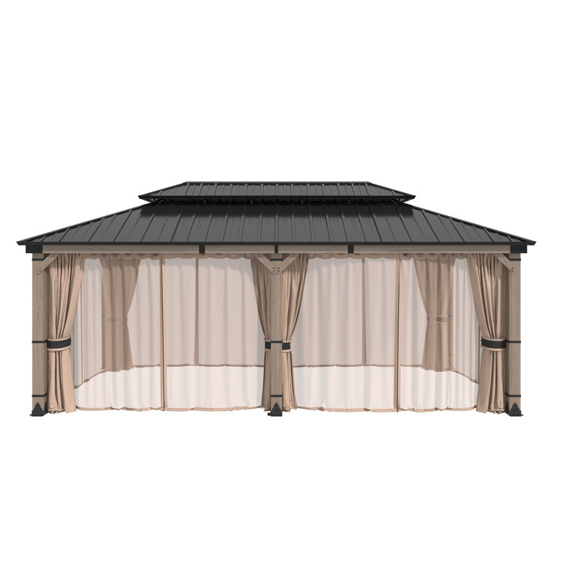 Solid Cedar Wood Patio Gazebo With Curtains And Mesh Screens, 20 Ft. W x 12 Ft. D