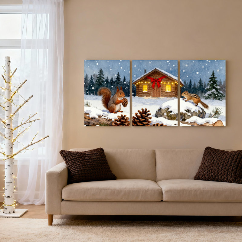 Ensemble de 3 tableaux sur toile représentant un écureuil et une cabane en forêt hivernale, H 30 po x l 60 po