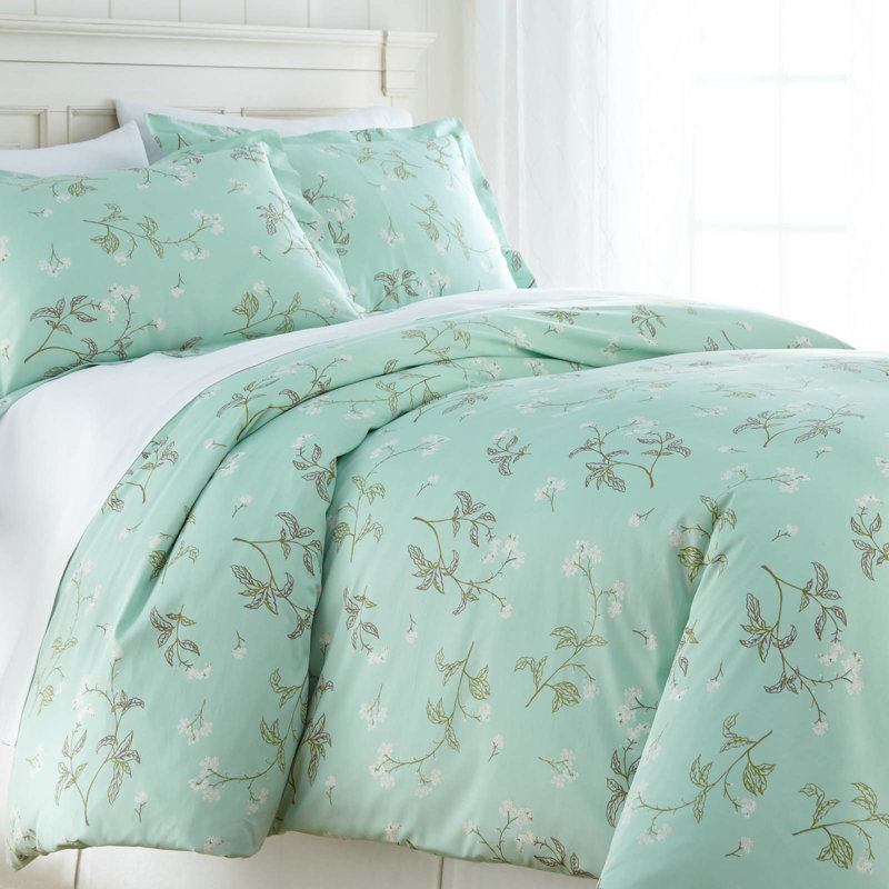 Ensemble de literie Southshore Fine Linens Myosotis Scorpiodes verte, 100 % coton satiné 300 fils, à motif floral, comprenant une housse de couette et deux taies d'oreiller (taille King/California King).