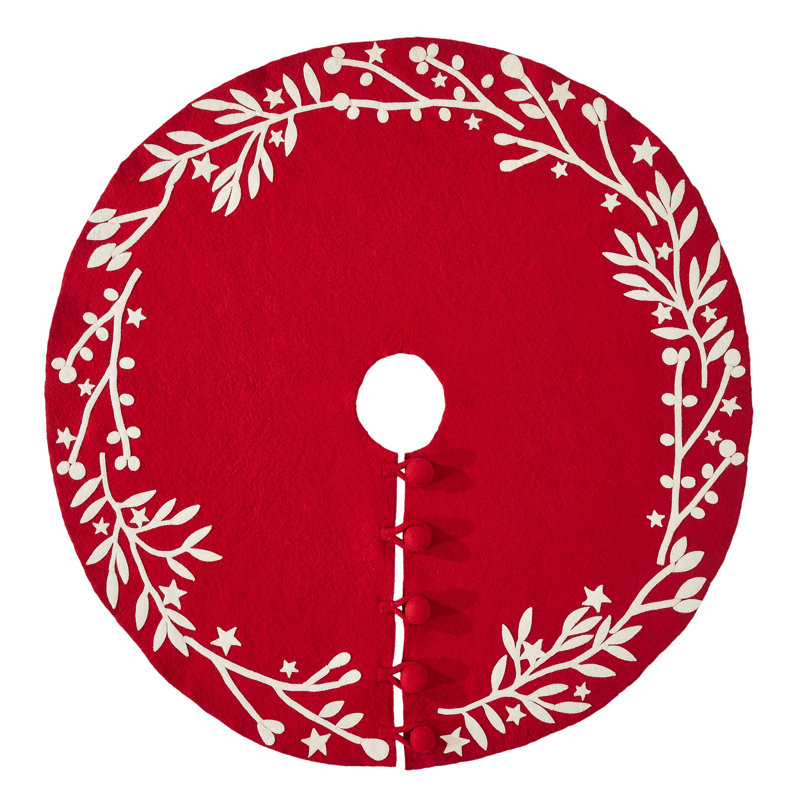 Handmade Red Felt Christmas Tree Skirt with Cream Branches and Stars - 60"