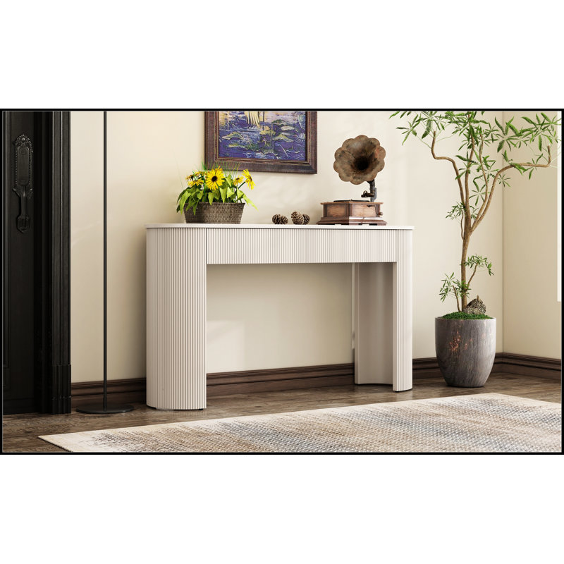 Table d'entrée moderne cannelée avec rangement, plateau ovale élégant et 2 tiroirs pour une décoration intérieure élégante