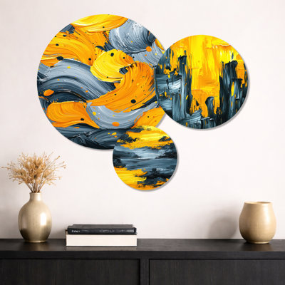Encre jaune et gris Dream Fragments I - Fauvisme, ensemble de 3 décorations murales en métal