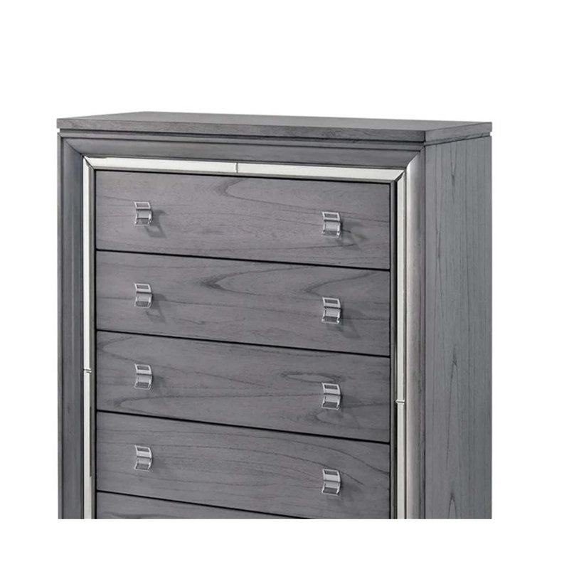 Commode de style contemporain avec cinq tiroirs en queue d'aronde, garniture de miroir et glissières à roulement à billes pour un rangement élégant