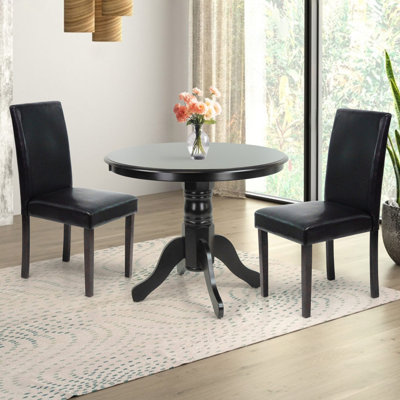 3 Piece Dining Table Set, 2 Classic Style Solid Wood Falabella Upholstered Chairs w Round Pedestal Base Dining Table, Medium Brown Color