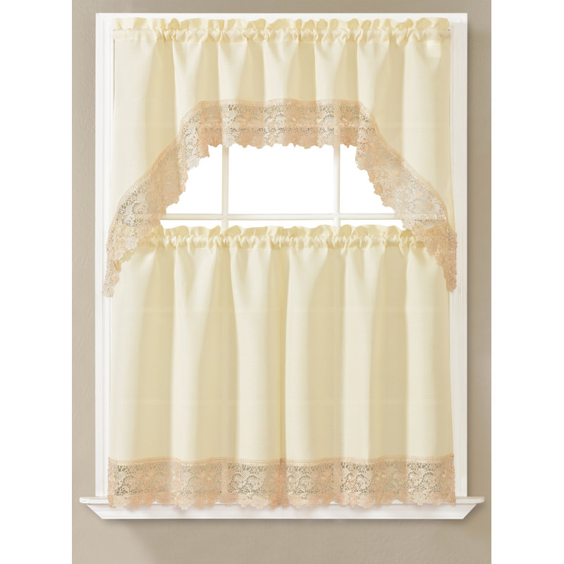 Skylin Embroidered 56'' W Kitchen Curtain Set, Beige