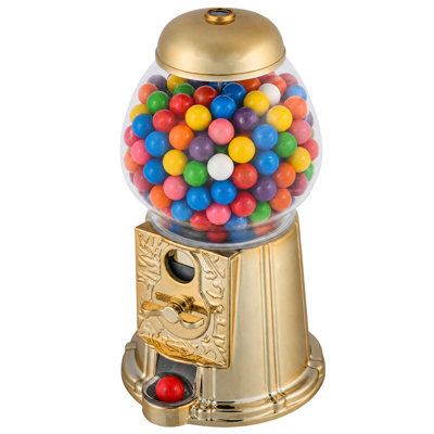 11” Mini Gumball Machine Coin Bank - Vintage Style Bubble Gum Machine Candy Dispenser with Glass Globe, Metal Base, and Free Spin Coin Mechanism, Gold