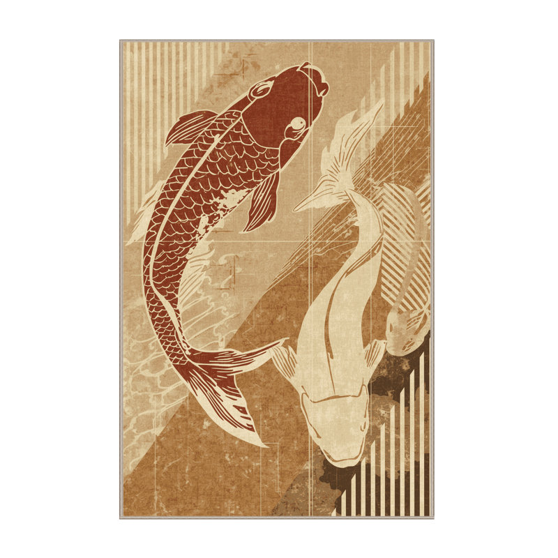 Tapis éclectique brun et beige Koi Katana lavable à la machine, 6 x 9