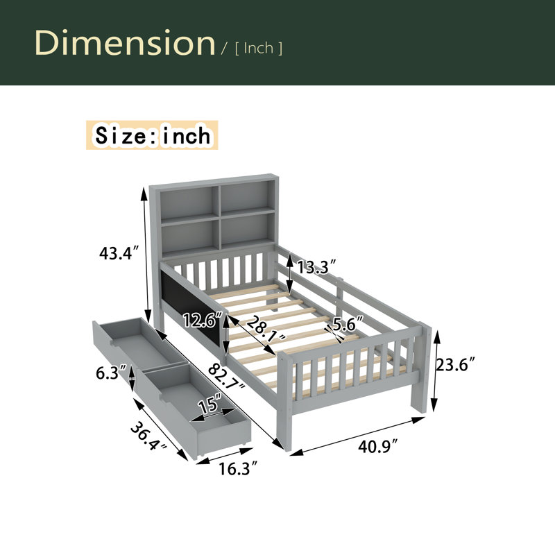 Lit plateforme en bois massif avec tiroirs et tablettes de rangement, amusant et peu encombrant, Lit simple, Espresso