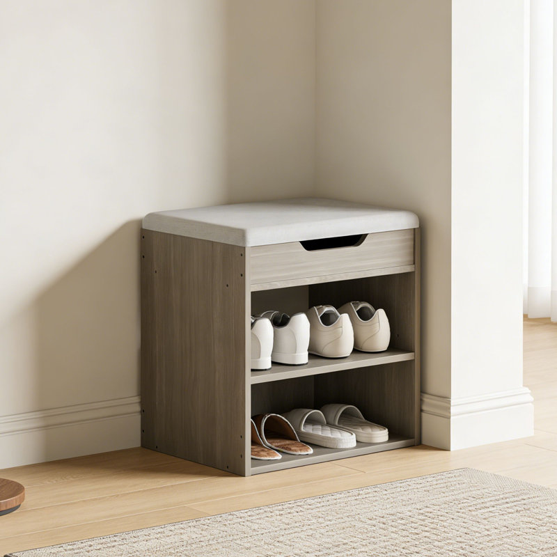 13.2" Shoe Storage Bench with Cushion, 2-Tier Adjustable Shoe Rack for Entryway, Gray