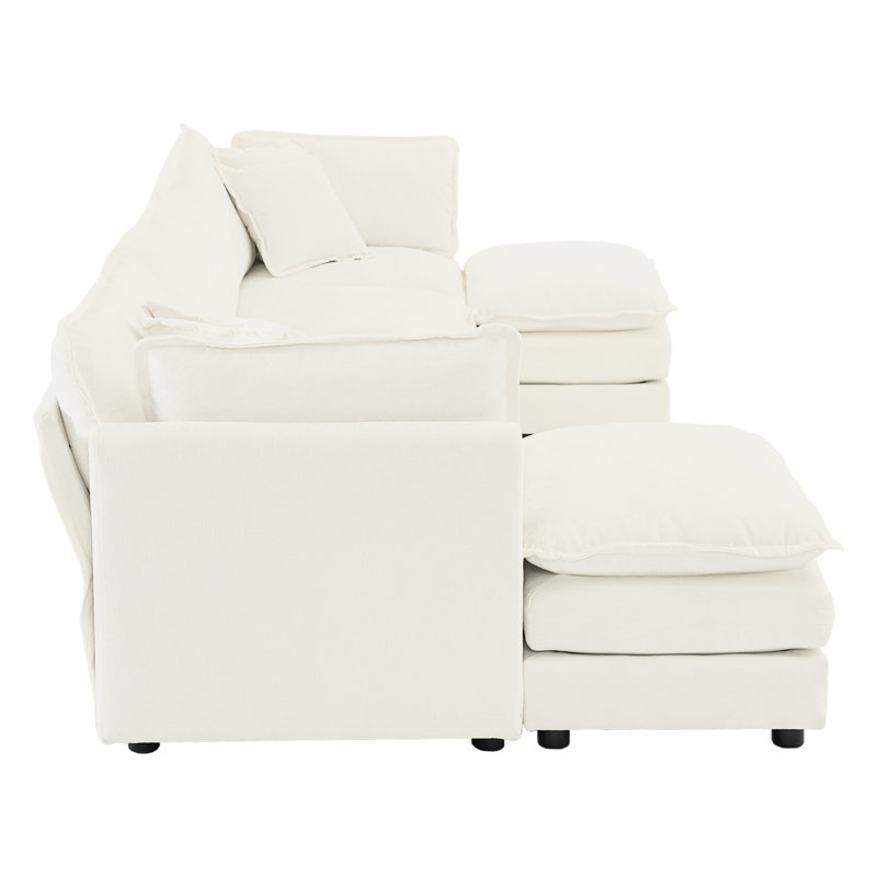 Solid Wood Frame Sectional, U-Shape In White Chenille With Double Ottomans For Stability Sectional Chenille, Sponge And Living Room