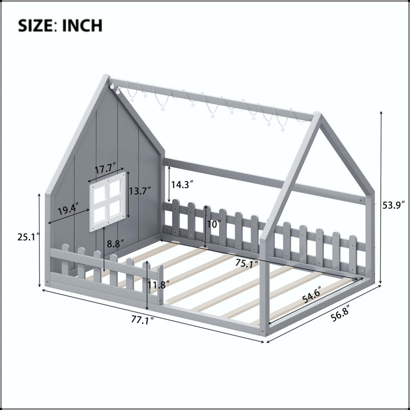Lit en bois avec fenêtre et clôture, Gris