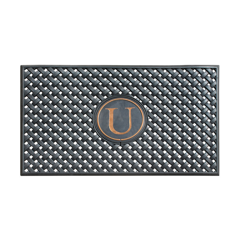 Monogram Large Weave Pattern Door Mat, 24"x39", Natural Rubber, Black, Outdoor Entryway Dirt-Scraper, U